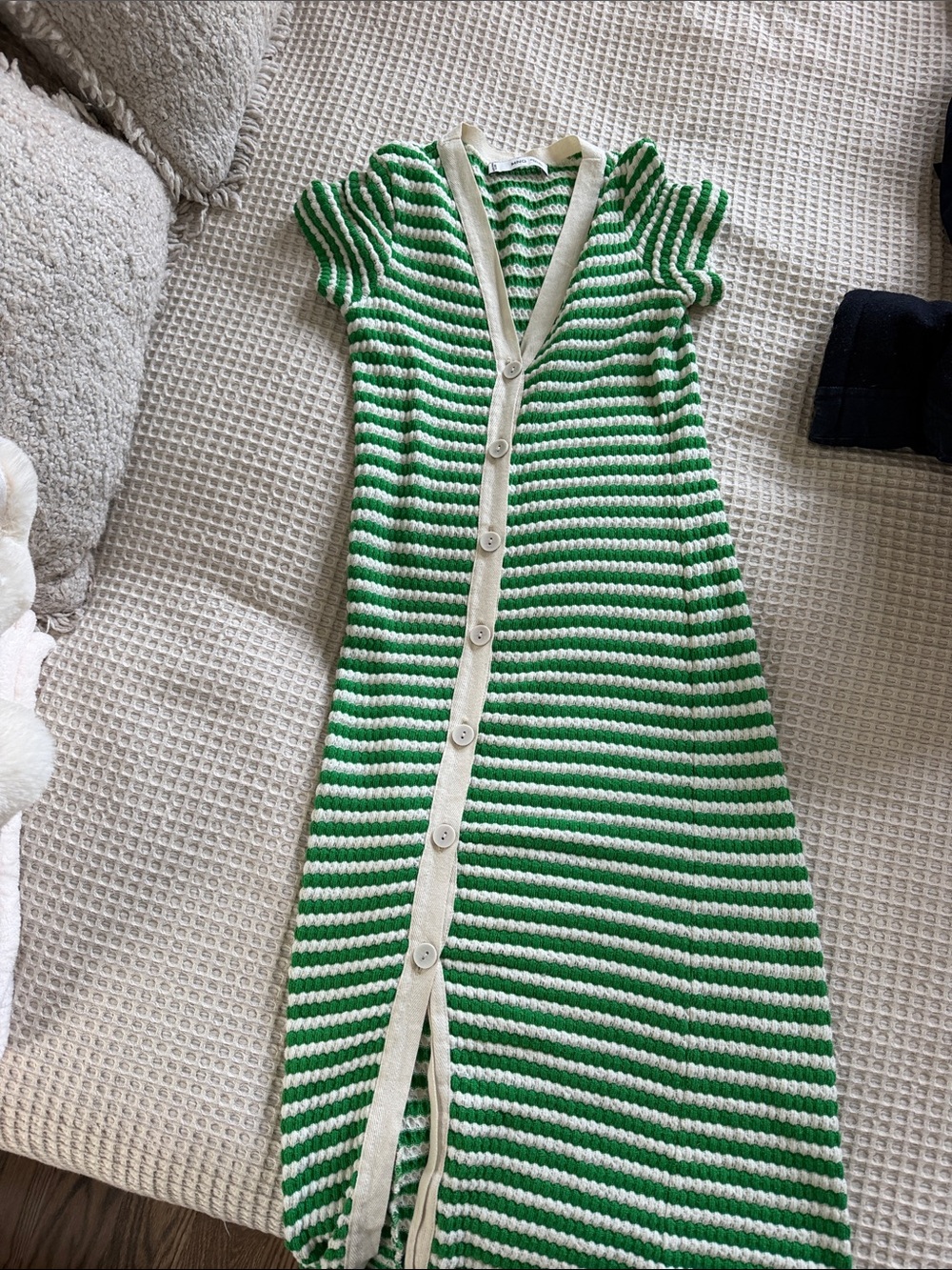 Mango Green and White Striped Button-Front Knit Dress